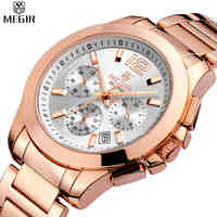 MEGIR Women quartz Chronograph watch Rose Gold Steel Band Bracelet watch waterproof fashion women dress watch relogios feminino