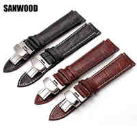 SANWOOD New Watch Black Watchbands Leather Strap Watch Band 18mm 20mm 22mm Foldable Clasp Wristband Watch Accessories Wristbands