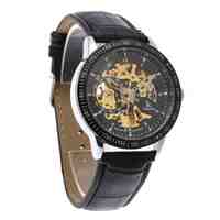Men's watch automatic mechanical wristwatch gold skeleton watch leather