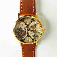 Map Watch Vintage Style Leather Watch Women Watches Boyfriend Watch World Map Men's Watch  Silver and Gold Case