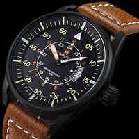 Men's Quartz Watch Black Leather Watch Band Boyfriend Gift for Men Sports Military Waterproof Watch