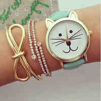 Women Watches Kitty Watch Cat WatchVintage Leather Watch Jewelry Handmade Bracelet  Wrist Watch