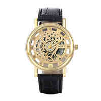 Authentic moment Leather watch Waterproof Skeleton Watch men watch Gold case quartz watch 2 Dial Color WH0019A-W