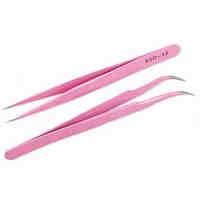 2PCS Pink Straight  Curved Tweezer For Eyelash Extensions Nail Art Nippers