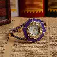 Women Alloy Bangle Quartz Watch, with Enamel Rhinestone Watch Dial, DarkSlateBlue, 53x43mm; watch Dial: 35x37mm