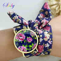 2015 New design Ladies flower cloth wrist watch fashion women dress watches high quality fabric watch sweet girls watch