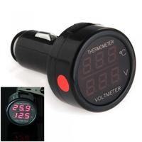 Car Cigarette Lighter Digital Voltmeter Thermometer LED 12V/24V red