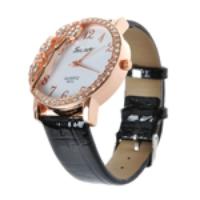 Eye-catching Imitated Diamond Leaf Watch Face Quartz PU Wrist Watch Bl