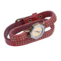 Fashion Women Men Bracelet Watch Octagon PU Bangle Watch - Red