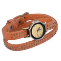 Fashion Women Men Bracelet Watch Octagon PU Bangle Watch - Brown