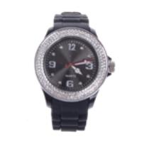 Rotated Rhinestone Case Round Wrist Watch Silicone Band - Black