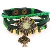 Vintage Genuine Leather Bracelet Watch with Tree Pendant Green