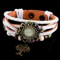 Vintage Genuine Leather Bracelet Watch with Tree Pendant White