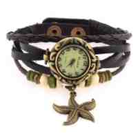Starfish Pendant Weave Wrap Around Leather Bracelet Watch Brown
