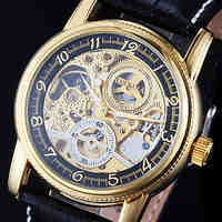 Men's Watch Auto-Mechanical Watch Gold Hollow Engraving Elegant PU Band