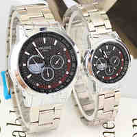 Couple's Business Style Silver Alloy Quartz Wrist Watch