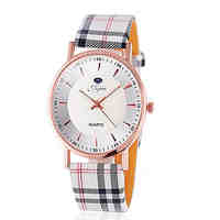 Jijia Golden Case Women Quartz Watch with Plaid Leather Strap Wrist Watch