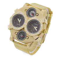 Men's Fashion Double Time Zones Gold Steel Quartz Watch