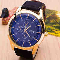 Men Blue Glass Black Wrist Watch