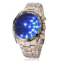 Men's Blue Led Digital Round Dial Steel Band Wrist Watch