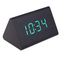 Triangular Green LED Wooden Digital Black Alarm Clock Calendar Thermometer