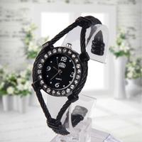 Women Candy Style Rhinrstone Quartz Bracelet Watch Rope Bangle Watch Black