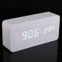 Modern Rectangle Wooden Digital Alarm Clock White LED Light 