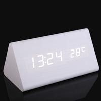 Triangle Wooden Digital White Clock LED Light Calendar Thermometer 