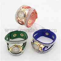 Shiny Faux Suede Cord Rhinestone Watch Bracelets, with Alloy Quartz Watch Dial, Mixed Color, 200x31mm