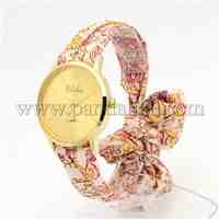 Trendy Cloth Watch Bracelets, with Alloy Quartz Watch Dial, Pink, 510mm