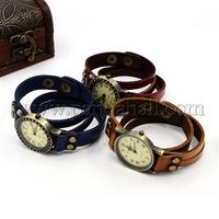 Fashionable Leather Watch Bracelets, with Alloy Watch Components and Alloy Findings, Antique Bronze, Mixed Color, 415x16x3mm