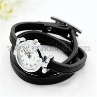 Fashionable PU Leather Wrap Watch Bracelets, with Alloy Watch Face and Alloy Findings, Platinum Metal Color, Black, 620x8mm; Watch Head: 33x29x9mm