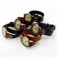 Classic Leather Wrap Wrist Watch, with Alloy Watch Components and Alloy Findings, Antique Bronze Metal Color, Mixed Color, 440x14x2mm, Watch Head: 43x37x7mm