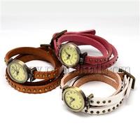 Retro Vintage Leather Wrap Bracelet Watches, Quartz Watch with Alloy Watch Dial, Mixed Color, 600x8mm; Watch Head: 33x29x13mm