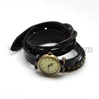 Fashion Wrap Style Genuine Leather Roman Numeral Watch Bracelets, with Antique Bronze Alloy Watch Dial, Black, 420x13mm