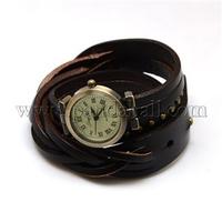 Fashion Wrap Style Genuine Leather Roman Numeral Watch Bracelets, with Antique Bronze Alloy Watch Dial, CoconutBrown, 420x13mm