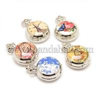 Mixed Styles Openable Flat Round Alloy Printed Porcelain Quartz Watch Heads for Pocket Watch Necklaces Making, Platinum, 40x29.5x15mm