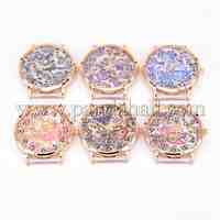 Flower Printed Watch Face Alloy Flat Round Watch Head, Rose Gold, Mixed Color, 44.5x40.5~41x7.5mm; watch face: 35mm