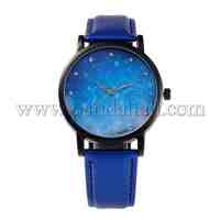 Women's Alloy PU Leather Quartz Wristwatches, with Rhinestones, Gunmetal Plated , Blue, 240x18mm; Watch Head: 39.5x10.5; Watch Face: 35mm