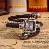 PU Leather Braided Bracelet Watches, with Antique Silver Alloy Quartz Watch Dial, DarkSlateBlue, 380mm; Watch Dial: 26x39mm