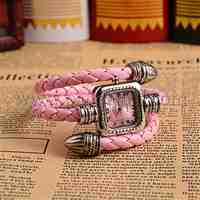 PU Leather Braided Bracelet Watches, with Antique Silver Alloy Quartz Watch Dial, Pink, 380mm; Watch Dial: 26x39mm