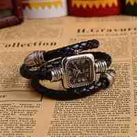 PU Leather Braided Bracelet Watches, with Antique Silver Alloy Quartz Watch Dial, Black, 380mm; Watch Dial: 26x39mm