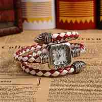 PU Leather Braided Bracelet Watches, with Antique Silver Alloy Quartz Watch Dial, Colorful, 380mm; Watch Dial: 26x39mm