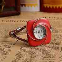 Women Alloy Bangle Watches, with Enamel Quartz Watch Dial, Red, 43x51mm; Watch Dial: 34.5x37mm