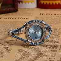 Women Platinum Tone Alloy Bangle Watches, with Rhinestone Quartz Watch Dial, DodgerBlue, 50x36mm; Watch Dial: 30x33.5mm