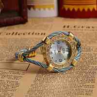 Women Golden Tone Alloy Bangle Watches, with Rhinestone Quartz Watch Dial, DodgerBlue, 50x36mm; Watch Dial: 30x33.5mm