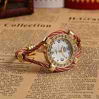 Women Golden Tone Alloy Bangle Watches, with Rhinestone Quartz Watch Dial, DarkRed, 50x36mm; Watch Dial: 30x33.5mm