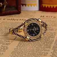 Women Golden Tone Alloy Bangle Watches, with Rhinestone Quartz Watch Dial, Black, 50x36mm; Watch Dial: 30x33.5mm