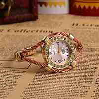 Women Golden Tone Alloy Bangle Watches, with Rhinestone Quartz Watch Dial, Flamingo, 50x36mm; Watch Dial: 30x33.5mm