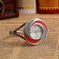 Women Platinum Tone Alloy Bangle Watches, with Enamel Rhinestone Quartz Watch Dial, Red, 48x39.5mm; Watch Dial: 37.5x41mm